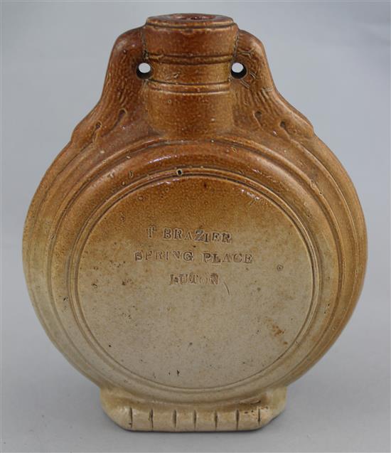 A rare English saltglaze stoneware Patent Chronometer flask, c.1835-40, 17.5cm